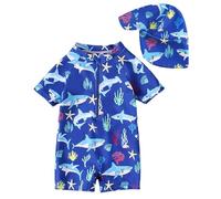 JiAmy Baby Boys Swimming Costume with Sun Hat Short Sleeve Zip Up Rash Guard Sun Protection Beach Swimsuit Infant Toddler One Piece Bathing Suits Dark Blue 1-2 Years