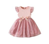 JiAmy Baby Girl Casual Dress Tulle Skirt Dresses Toddlers Kids Bowknot Tutu Dresses A-line Ruffle Sleeve Dress Daily Formal Outfits for 2-3 Years,Pink