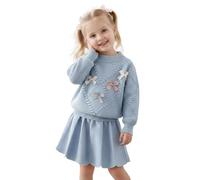 JiAmy Baby Girl Clothes Toddler Long Sleeve Knitted Bowknot Sweater Top Pleated Skirt Outfits Set Fall Winter Casual Dress for Girls 6 Years Blue