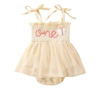 JiAmy Baby Girl Dress First Birthday Outfit Infant Sleeveless Letter Embroidery Tulle Tutu Romper Princess Cake Smash Clothes 0-3 Months Beige