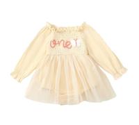 JiAmy Baby Girl Dress Infant Tulle Tutu Romper 1st Birthday Outfit Long Sleeve Square Neck Bodysuit Cake Smash Photo Shoot Clothes Set for 12-18 Months Beige