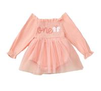 JiAmy Baby Girl Dress Infant Tulle Tutu Romper 1st Birthday Outfit Long Sleeve Square Neck Bodysuit Cake Smash Photo Shoot Clothes Set for 9-12 Months Light Pink