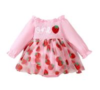JiAmy Baby Girl Dress Infant Tulle Tutu Romper 1st Birthday Outfit Long Sleeve Square Neck Bodysuit Cake Smash Photo Shoot Clothes Set for 12-18 Months Pink Strawberry