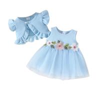 JiAmy Baby Girl Dress Short Sleeve Waffle Cardigan 2Pcs Set Toddler Sleeveless Floral Dresses Birthday Princess Girls Clothes Outfits for 12-18 Months Blue