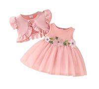 JiAmy Baby Girl Dress Short Sleeve Waffle Cardigan 2Pcs Set Toddler Sleeveless Floral Dresses Birthday Princess Girls Clothes Outfits for 12-18 Months Pink