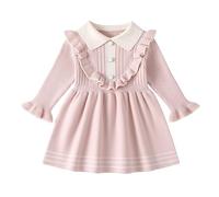 JiAmy Baby Girl Knitted Dress Ruffle Long Sleeve Autumn Winter Sweater A-Line Dresses Toddler Casual Warm Christmas Party Clothes for Girls 18-24 Months Pink