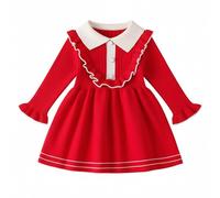 JiAmy Baby Girl Knitted Dress Ruffle Long Sleeve Autumn Winter Sweater A-Line Dresses Toddler Casual Warm Christmas Party Clothes for Girls 18-24 Months Red