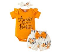 JiAmy Baby Girls Clothes, Infant Outifts Set Auntie is My Bestie Ruffle Short Sleeve Bodysuit Shorts with Headband 3pcs Sets for 9-12 Months, Orange