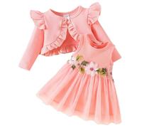 JiAmy Baby Girls Dress and Cardigan 2PCS Fall Outfits Sleeveless Floral Dresses Ruffle Sleeve Waffle Coat Clothes Set for Toddler Girl 12-18 Months Pink