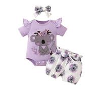 JiAmy Baby Girls Outfits Summer, 3PCS Koala Ruffle Short Sleeve Bodysuit Shorts with Headband Newborn Clothes Sets for 12-18 Months, Purple