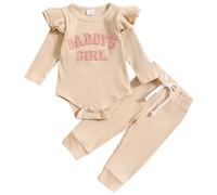 JiAmy Baby Girls Outifts, Newborn Clothes Set Daddy's Girl Ruffle Short Sleeve Embroidered Bodysuit and Pants 2pcs Sets, 3-6 Months Beige