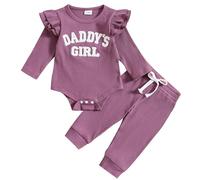 JiAmy Baby Girls Outifts, Newborn Clothes Set Daddy's Girl Ruffle Short Sleeve Embroidered Bodysuit and Pants 2pcs Sets, 3-6 Months Purple