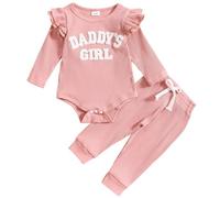 JiAmy Baby Girls Outifts, Newborn Clothes Set Daddy's Girl Ruffle Short Sleeve Embroidered Bodysuit and Pants 2pcs Sets, 3-6 Months Pink