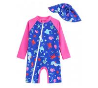 JiAmy Baby Girls Swimming Costume with Sun Hat Long Sleeve Zipper Rash Guard Sun Protection Beach Infant Toddler Baby Swimsuit One Piece Bathing Suits Rose Red Ocean 12-18 Months