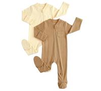 JiAmy Baby Grows Sleepsuits 2 Pack, Tiny Baby 100% Cotton Two-Way Zip Long Sleeve Footed Pajamas with Mitten Cuffs Beige Khaki 12-18 Months