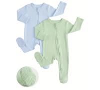 JiAmy Baby Grows Sleepsuits 2 Pack, Tiny Baby 100% Cotton Two-Way Zip Long Sleeve Footed Pajamas with Mitten Cuffs Blue Sag 0-3 Months