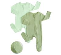 JiAmy Baby Grows Sleepsuits 2 Pack, Tiny Baby 100% Cotton Two-Way Zip Long Sleeve Footed Pajamas with Mitten Cuffs Green 12-18 Months