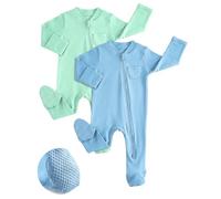 JiAmy Baby Grows Sleepsuits 2 Pack, Tiny Baby 100% Cotton Two-Way Zip Long Sleeve Footed Pajamas with Mitten Cuffs Blue Green 6-9 Months