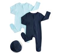 JiAmy Baby Grows Sleepsuits 2 Pack, Tiny Baby 100% Cotton Two-Way Zip Long Sleeve Footed Pajamas with Mitten Cuffs Navy Blue 0-3 Months