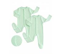 JiAmy Baby Sleepsuits 2 Pack Newborn Boy Girl Cotton Long Sleeve Footed Rompers Baby Grows Jumpsuits with Mitten Cuffs for 0-3 Months Green