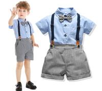 JiAmy Boys Gentleman Outfits 2PCS, Gentleman Shirts with Bowtie + Detachable Suspenders Short Pants Infant Clothing Set for Toddler 1-2 Years, Blue
