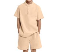 JiAmy Boys Outfits 2 Piece Clothing Set Solid Henley Collar Short Sleeves Shirts with Shorts Set Summer Casual Kids Outfit for 5-6 Years, Beige