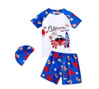 JiAmy Boys Swimming Costume,3 Pieces Set Kids Swim Trunks & Short Sleeve Shirt & Swim Cap for 3-4 Year Old,Royal Blue,Crab