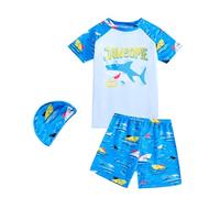 JiAmy Boys Swimming Costume,3 Pieces Set Kids Swim Trunks & Short Sleeve Shirt & Swim Cap for 8-9 Year Old,Sky Blue,Sunglasses shark