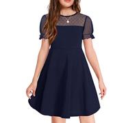 JiAmy Dress for Girls Tulle Short Puff Sleeves Round Necks A-line Elegant Princess Casual Girls Summer Dresses for 7-8 Years,Navy Blue(Tag:130)