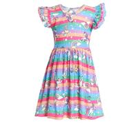 JiAmy Dresses for Girls Ruffle Sleeves Fancy Cartoon Kids Summer Dress A-line Round Neck High Waist Girl's Dress for 8-9 Years, Rainbow Strips