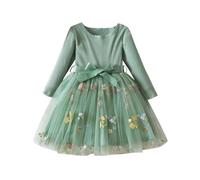 JiAmy Flower Girls Dresses Embroidery Bow Dress Kids Long Sleeves Ribbed Knit Top Tulle Skirt with Belt for 4-5 Year Old, Green Flower