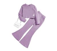 JiAmy Girl Clothes Flare Legging Outfit Long Sleeve Plain Set Purple 10-11Y