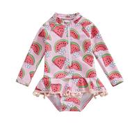 JiAmy Girl One Piece Swimsuits, Long Sleeve Kids Swimming Costume, Infant Baby Children Zip Sun Protection Rash Guard Bathing Suit Pink Watermelon 5-6 Years