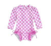 JiAmy Girl One Piece Swimsuits, Long Sleeve Kids Swimming Costume, Infant Baby Children Zip Sun Protection Rash Guard Bathing Suit Pink Plaid 3-4 Years