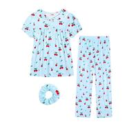 JiAmy Girl Pajamas 3 Pcs Pj Girls Printed Pjs Button Down Short Sleeve T-Shirt Long Pant Sleepwear Nightwear Lounge Wear Sets for Kids Age 11-12,Blue Cherry