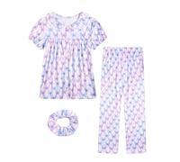 JiAmy Girl Pajamas 3 Pcs Pj Girls Printed Pjs Button Down Short Sleeve T-Shirt Long Pant Sleepwear Nightwear Lounge Wear Sets for Kids Age 9-10,Purple Butterfly