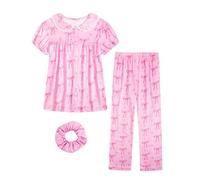 JiAmy Girl Pajamas 3 Pcs Pj Girls Printed Pjs Button Down Short Sleeve T-Shirt Long Pant Sleepwear Nightwear Lounge Wear Sets for Kids Age 9-10,Pink Bow