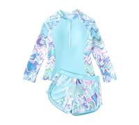 JiAmy Girl Swimsuits with Shorts, Two Piece Girls Swimming Costume,Long Sleeve Kids Swimwear Zip Rash Guard Bathing Suit Blue 10-11 Years