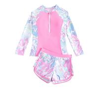 JiAmy Girl Swimsuits with Shorts, Two Piece Girls Swimming Costume,Long Sleeve Kids Swimwear Zip Rash Guard Bathing Suit Pink 9-10 Years
