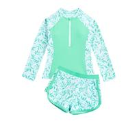 JiAmy Girl Swimsuits with Shorts, Two Piece Girls Swimming Costume,Long Sleeve Kids Swimwear Zip Rash Guard Bathing Suit 8-9 Years Light Green