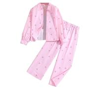 JiAmy Girl Textured 2 Pieces Outfit Button Down Shirt Top and Wide Leg Pants Casual Tracksuit Fall Set for 7-12 Years