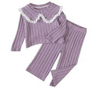 JiAmy Girls 2 Pieces Outfits Kids Ribbed Long Sleeve Tops and Wid-Leg Pants Set Comfortable Toddler Lounge Set Sweatsuit