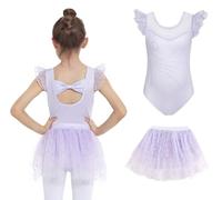 JiAmy Girls Ballet Leotard Ruffle Sleeve Kids Ballet Outfit with Skirt Dance Costumes Shiny Ballerina Dress for 7-8 Years,Purple