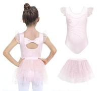 JiAmy Girls Ballet Leotard Ruffle Sleeve Kids Ballet Outfit with Skirt Dance Costumes Shiny Ballerina Dress for 3-4 Years,Pink