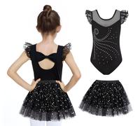 JiAmy Girls Ballet Leotard Ruffle Sleeve Kids Ballet Outfit with Skirt Dance Costumes Shiny Ballerina Dress for 3-4 Years,Black