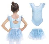 JiAmy Girls Ballet Leotard Ruffle Sleeve Kids Ballet Outfit with Skirt Dance Costumes Shiny Ballerina Dress for 7-8 Years,Blue