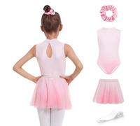 JiAmy Girls Ballet Leotards 4 Pcs Sleeveless Kid Gymnastics Dance Outfits with a Removable Tutu Skirt Ballerina Outfit Dancewear 120,Pink