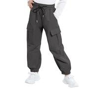 JiAmy Girls Cargo Trousers Drawstring Elastic Waist Casual Baggy with Multi Pockets Dance Y2k Pants for 7-8 Years,Dark Grey