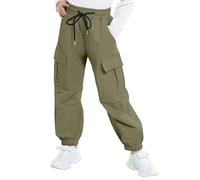 JiAmy Girls Cargo Trousers Drawstring Elastic Waist Kids Casual Baggy with Multi Pockets Trouser Dance Y2k Hip-hop Pants for 11-12 Years,Green