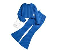 JiAmy Girl's Clothing Set Girls Flare Legging Set Fall Winter Outfits Ribbed Long Sleeve Crop Top Shirt Blue 9-10 Y